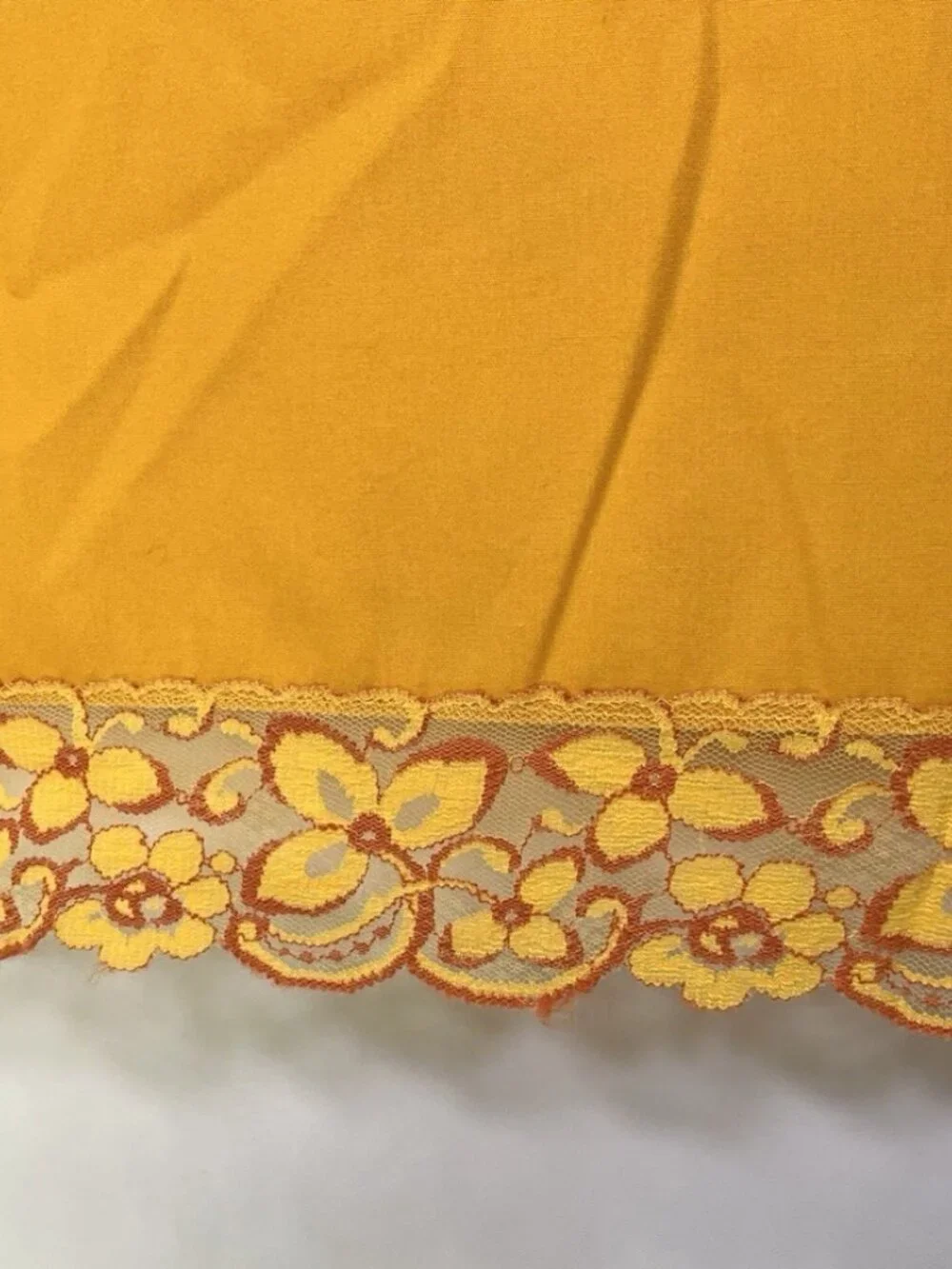 Vintage 70s Orange Mid Century Textile Panel Floral Lace Trim Retro Fabric MCM